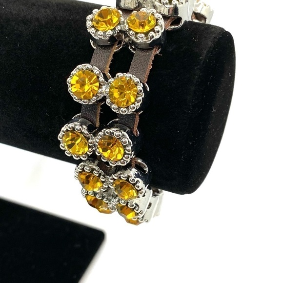 Bracelet Yellow Crystal Sliding Beads Brown Leather Silver Tone Clasp Statement - Picture 6 of 12